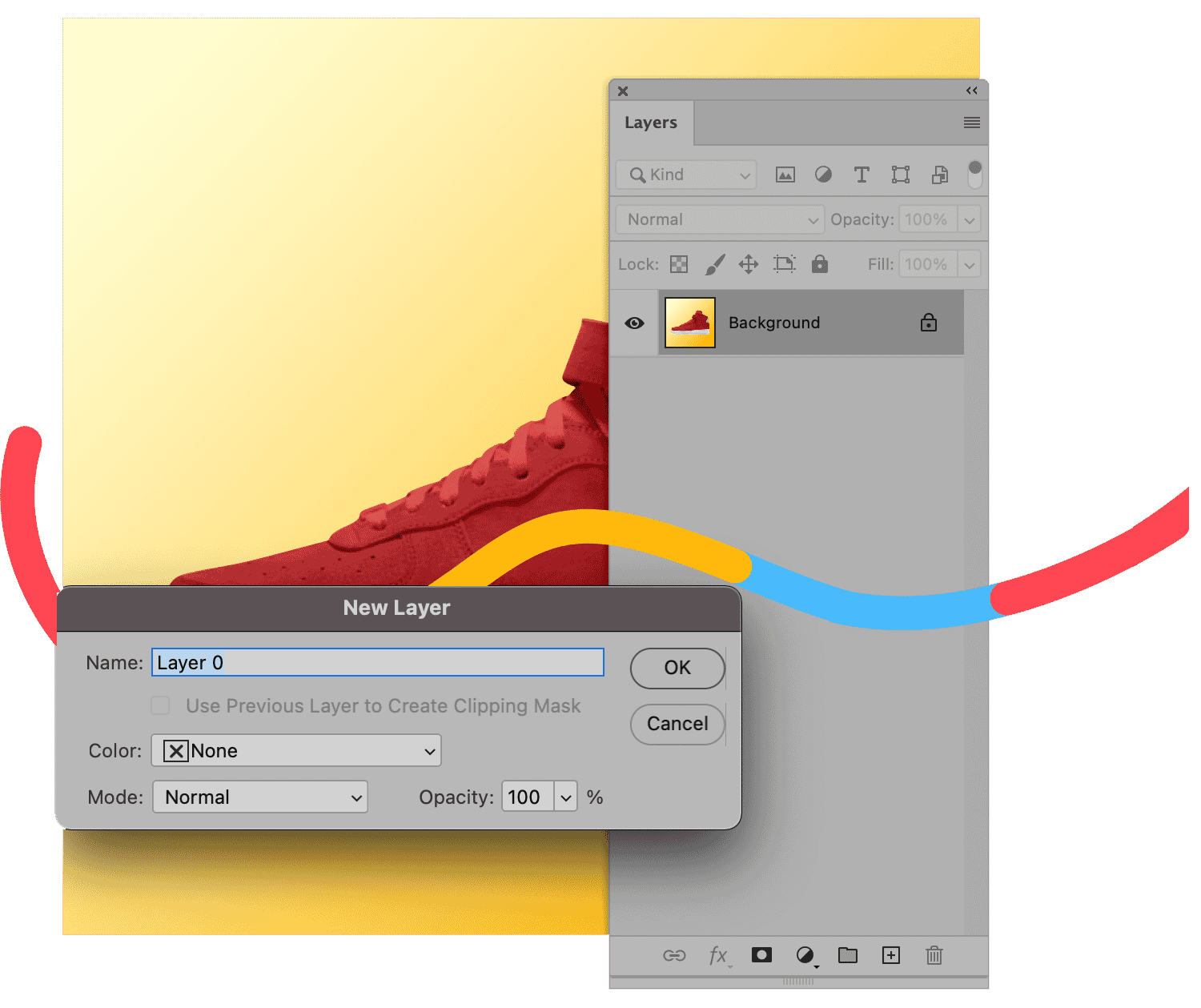Photoshop Layers panel with dialog box for creating a new layer, with a red shoe image on a yellow background.