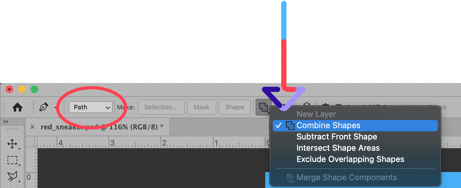 Photoshop interface showing path and shape options for creating and combining clipping paths.