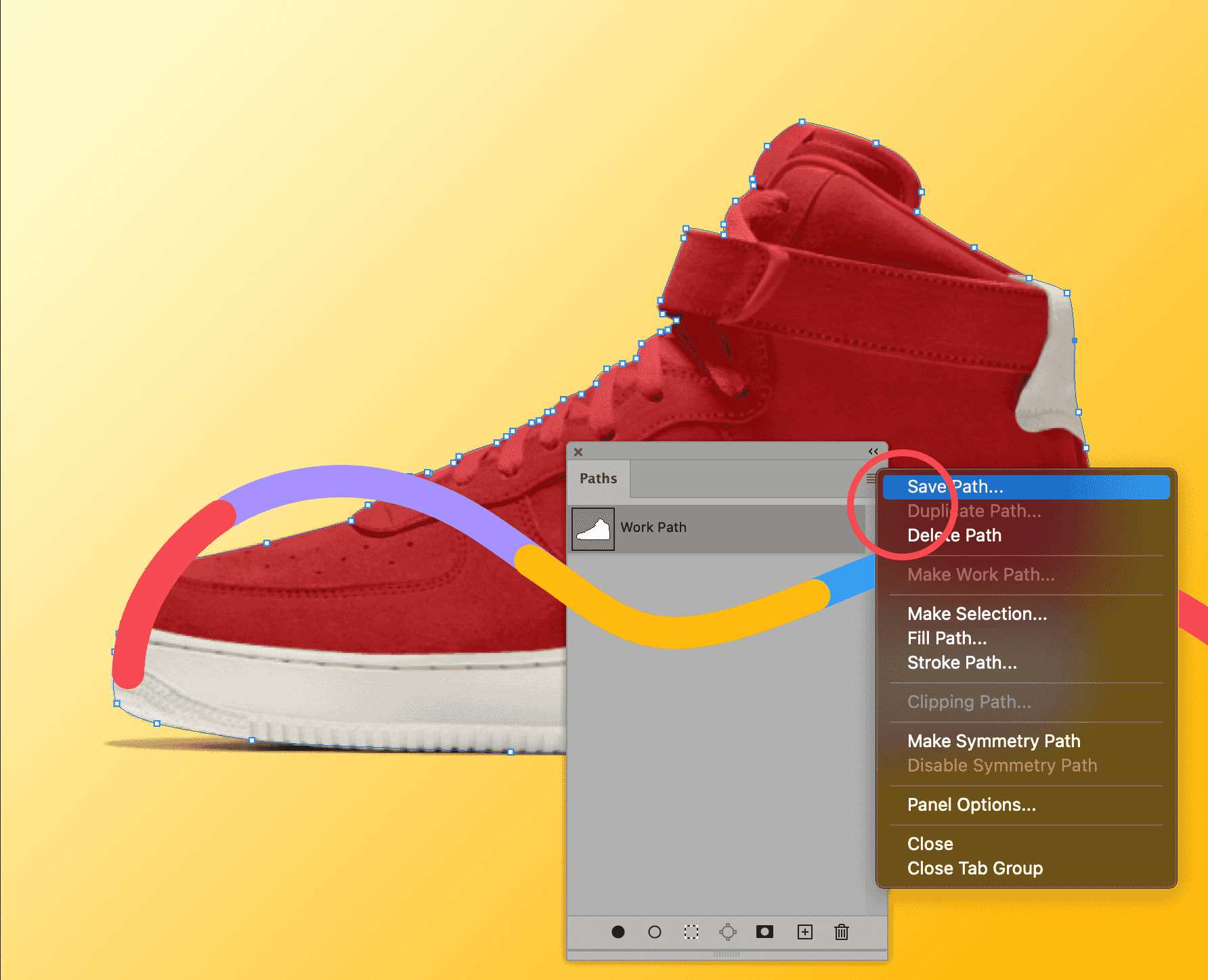 Photoshop Paths panel showing the option to save a work path as a clipping path for a red shoe on a yellow background.