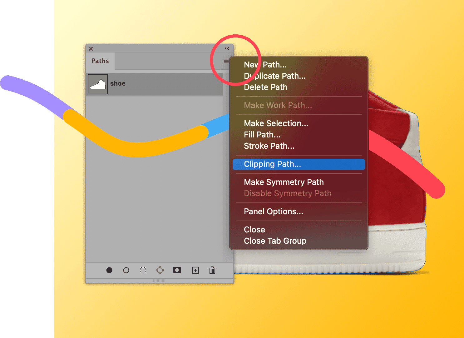 Photoshop Paths panel with option to set a clipping path around a saved path labeled “shoe” on a yellow background.