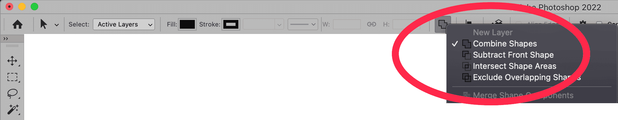 Photoshop toolbar with options to combine, subtract, intersect, or exclude overlapping shapes for clipping paths.