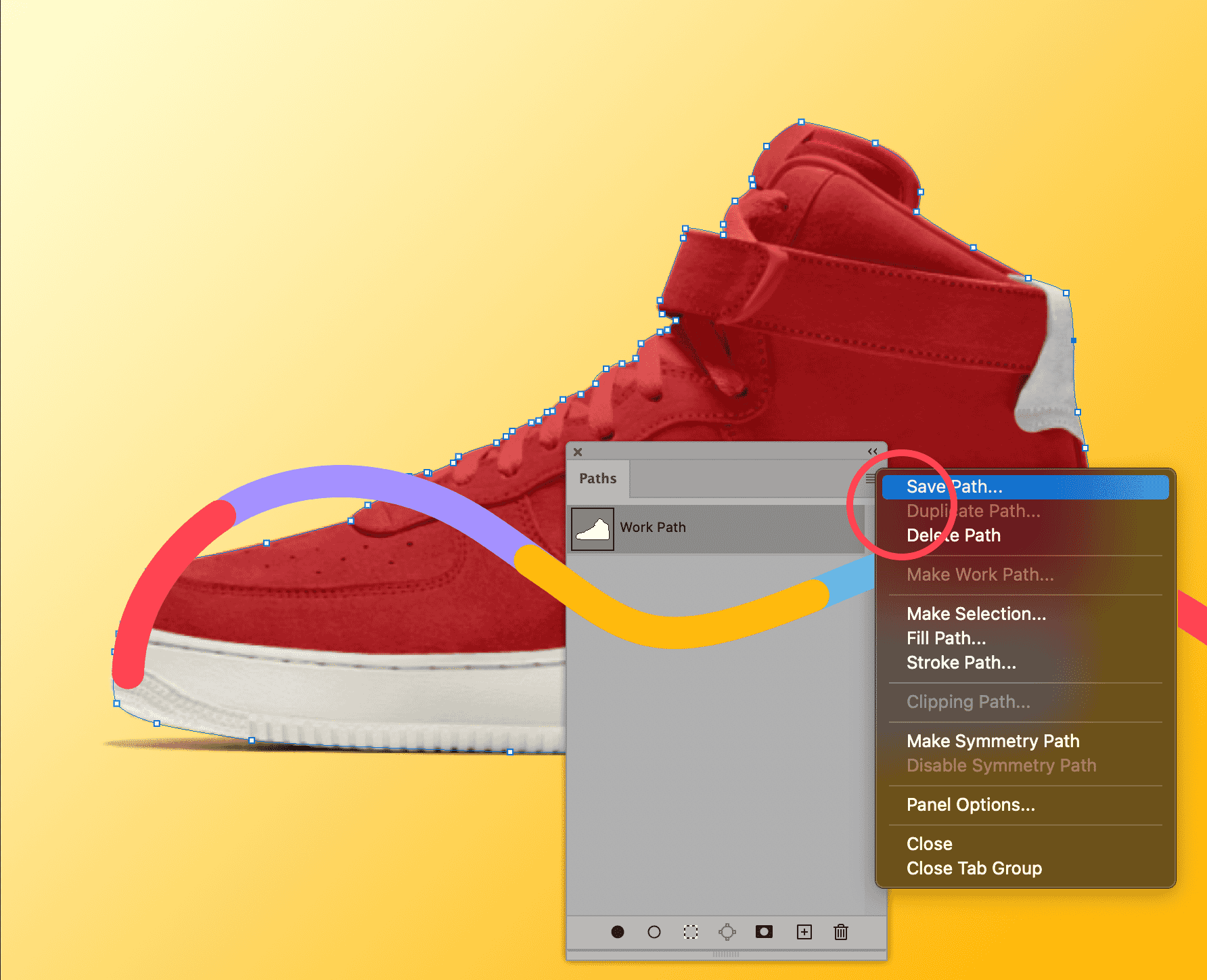 Photoshop Paths panel showing the option to save a clipping path around a red shoe on a yellow background.