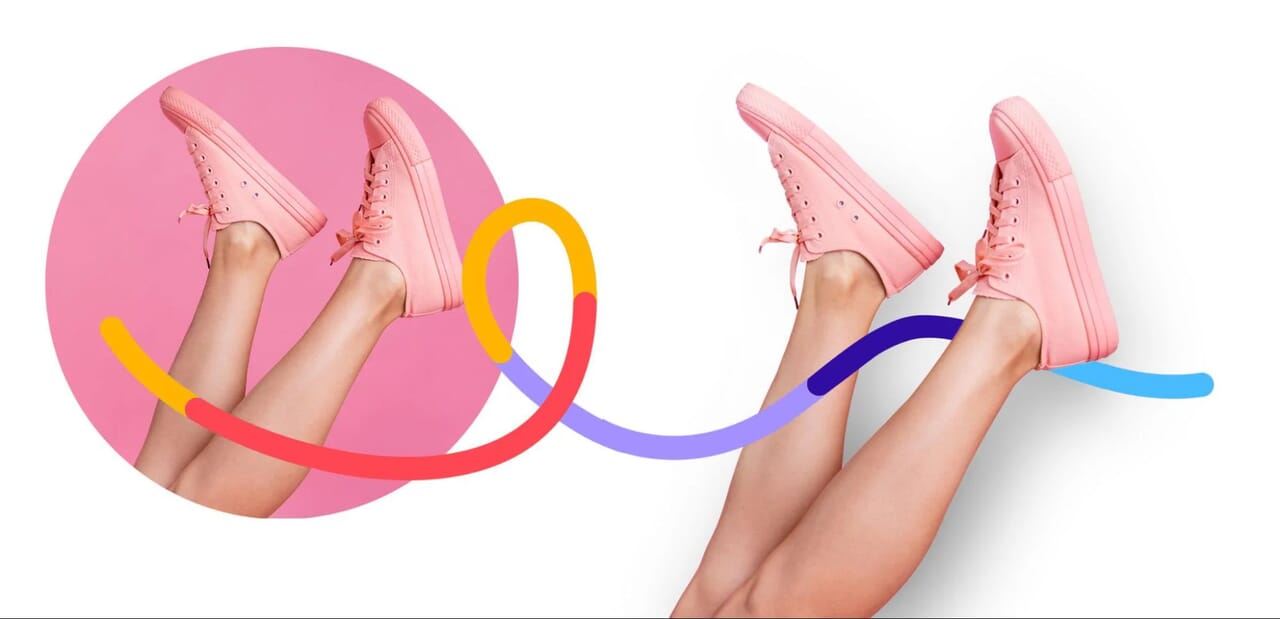 Legs in pink sneakers with colorful lines, demonstrating white background editing in Photoshop.