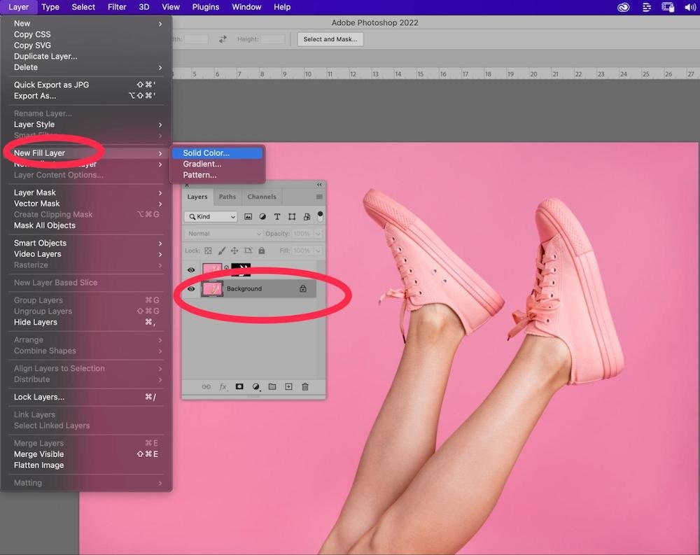 Photoshop interface showing menu selection for adding a new solid color fill layer above background.