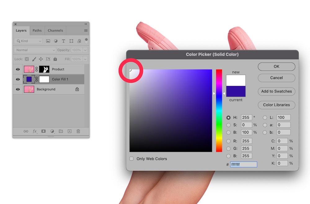 Photoshop color picker tool for adjusting solid color fill layer with selected white color