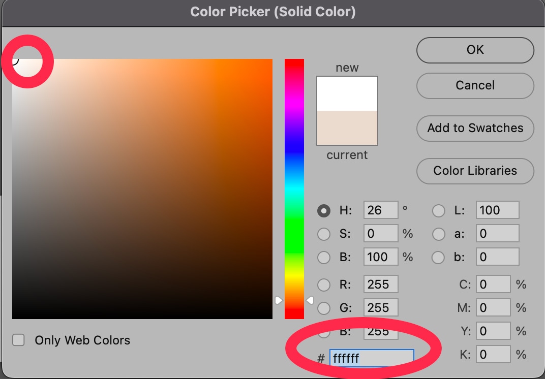 Photoshop Color Picker tool selecting white (#ffffff) for background adjustment.