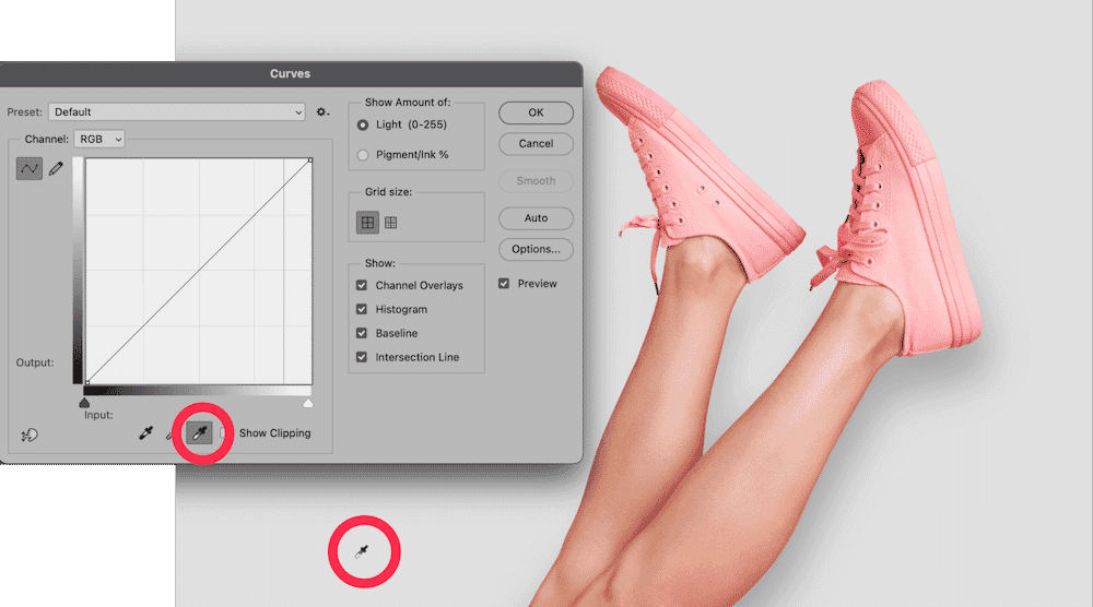 Curves tool in Photoshop used to adjust brightness on image of pink shoes with drop shadow