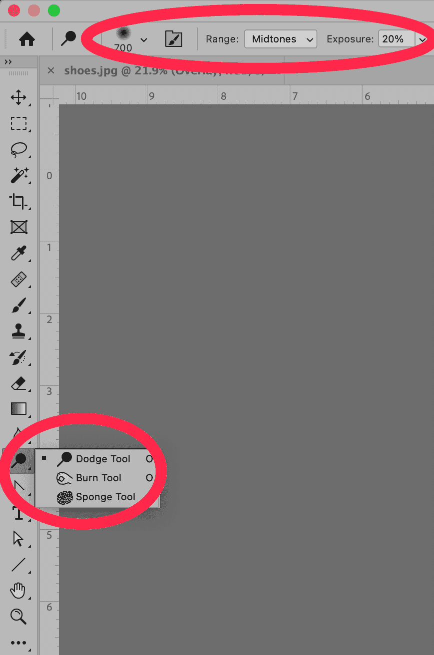 Photoshop Dodge tool selected with midtones range and 20% exposure in options bar.