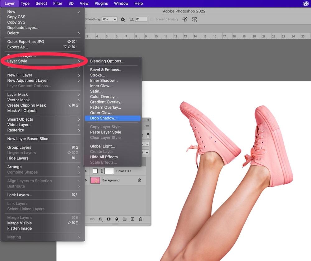 Photoshop interface with Layer Style menu open, highlighting Drop Shadow option for image enhancement
