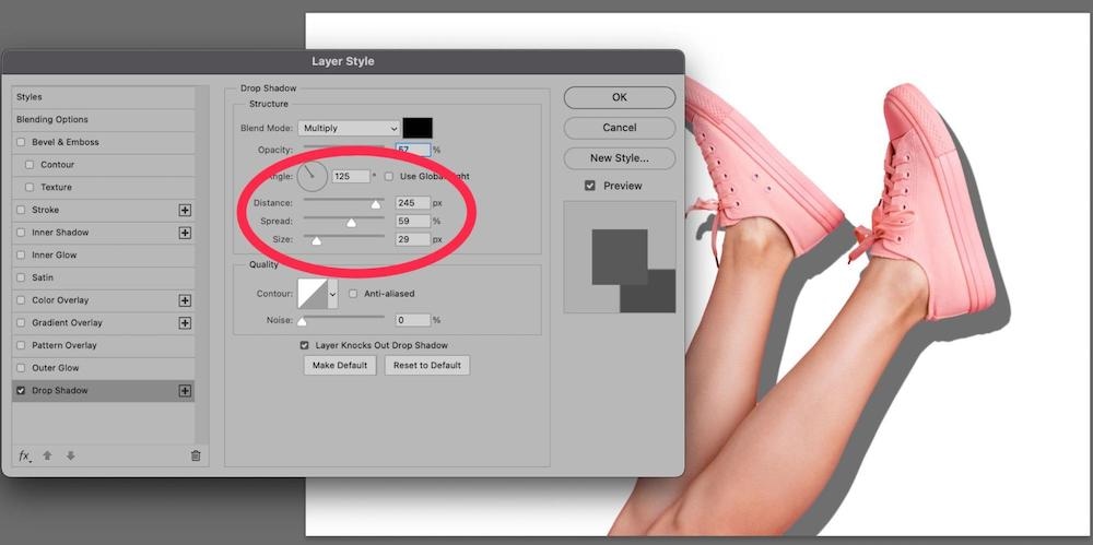 Photoshop Layer Style dialog box showing Drop Shadow settings with Distance, Spread, and Size controls highlighted
