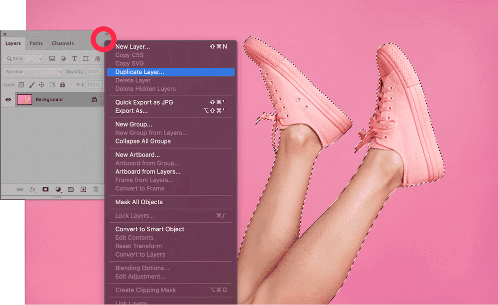Photoshop layer duplication menu with marching ants selection on pink sneakers