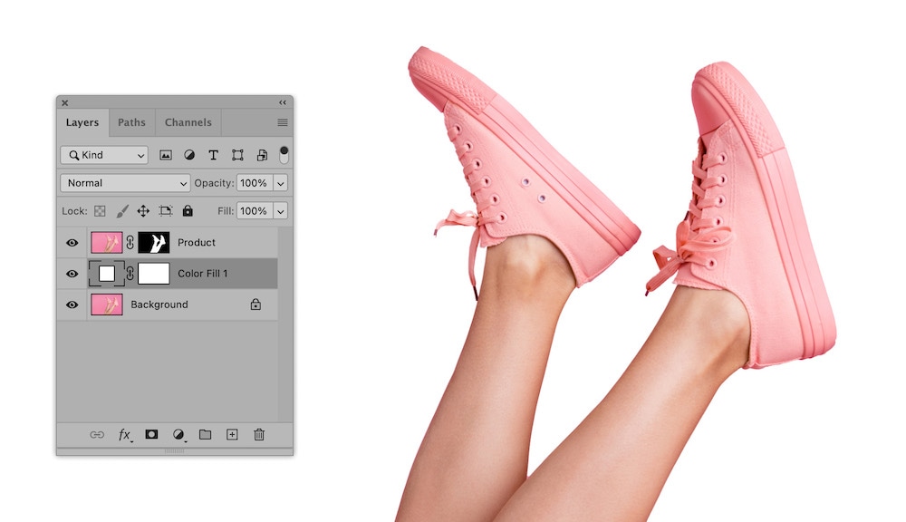 Photoshop layers panel showing final image with product layer over white background fill layer