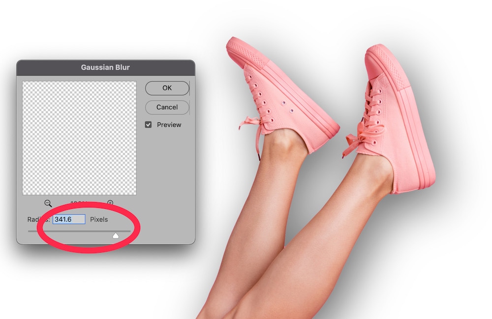 Photoshop Gaussian Blur settings at 341.6 pixels applied to drop shadow for pink sneakers on white background.