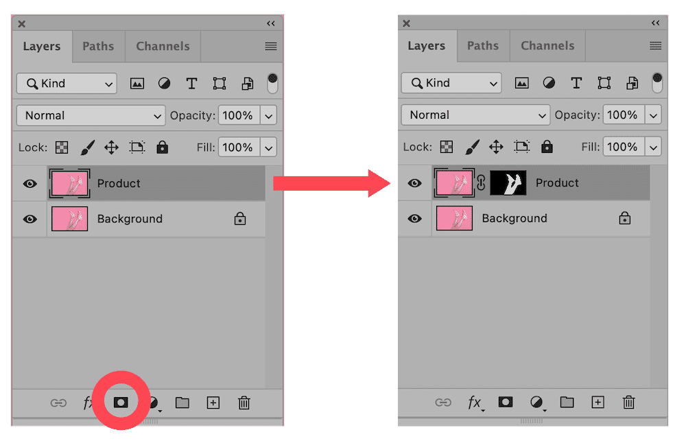 Photoshop layers panel showing 'Product' layer with applied layer mask over background layer