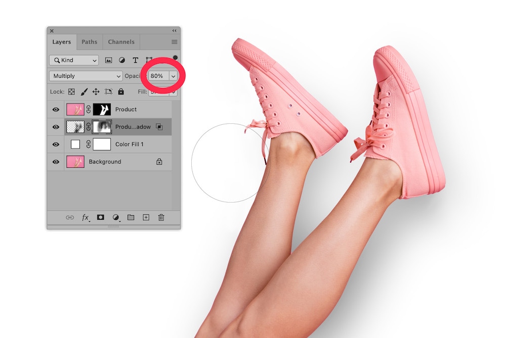 Photoshop layers panel with drop shadow opacity set to 80% for pink sneakers on white background.