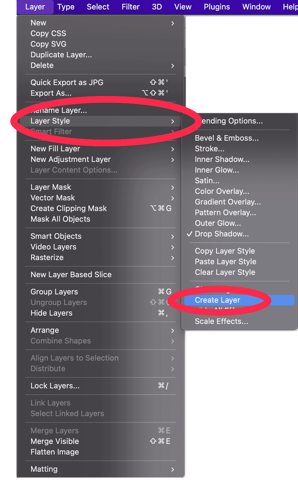 Photoshop menu highlighting Layer Style with 'Create Layer' option selected under Drop Shadow settings.