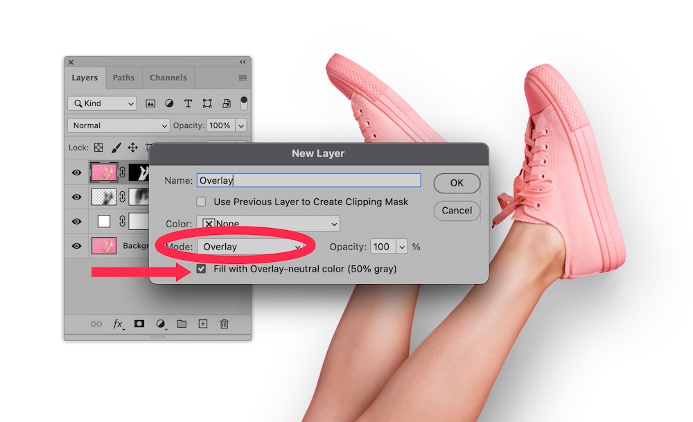 Photoshop new layer dialog with overlay mode and 50% gray fill selected for enhancing pink sneakers