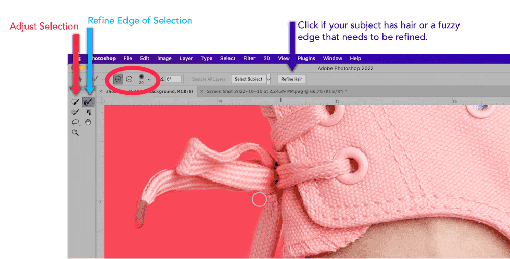 Photoshop interface with Refine Edge and Adjust Selection tools highlighted for detailed selection adjustment on a pink sneaker