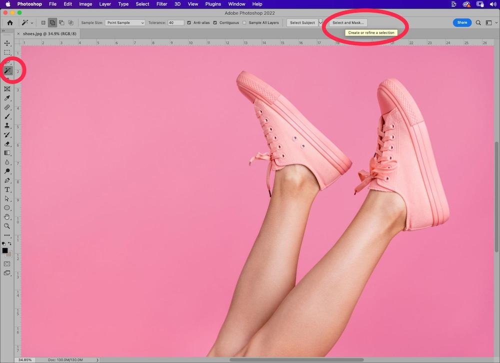 Photoshop interface showing the Select and Mask tool on pink sneaker background for background removal tutorial