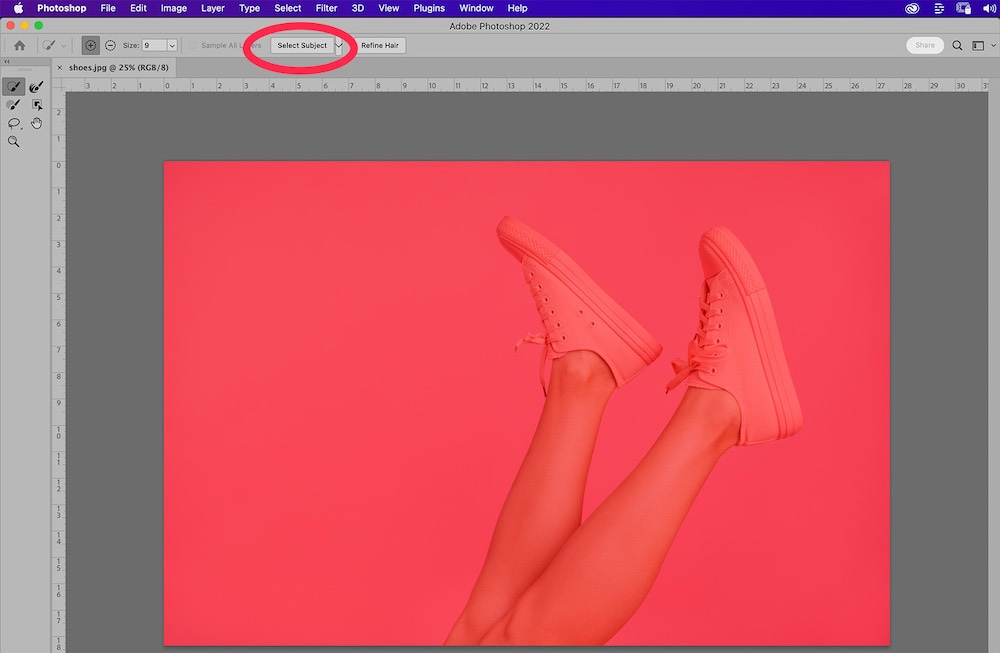 Photoshop interface highlighting the Select Subject tool with red overlay on sneakers for background selection