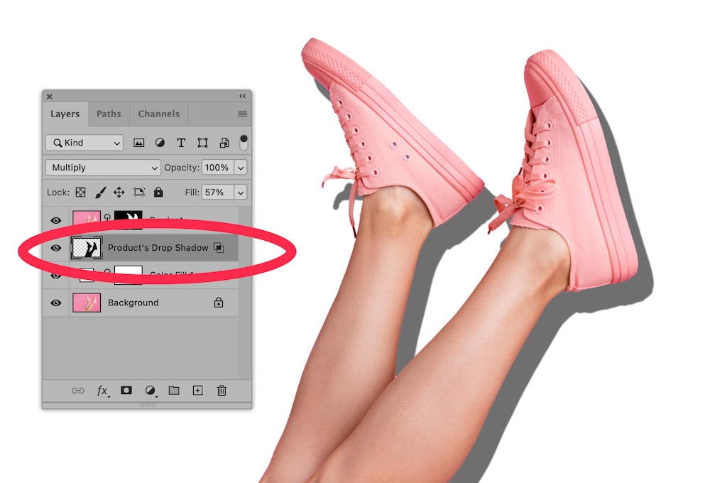 Photoshop Layers panel showing separate Drop Shadow layer labeled 'Product's Drop Shadow' for pink sneakers on white background