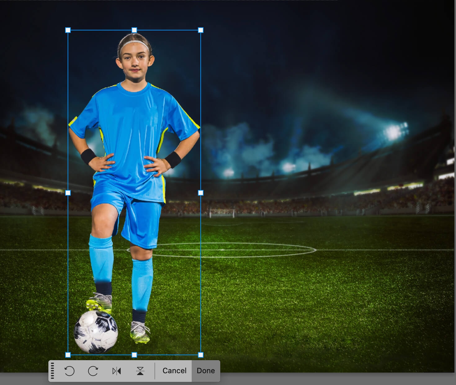 screenshot of selected subject, Photoshop editing of a girl soccer player photo