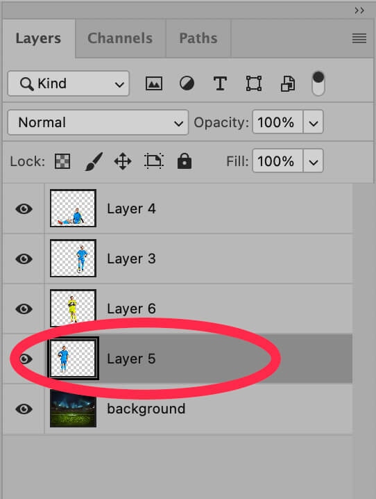 screenshot of Photoshop editing, showing layers and selecting Layer 5