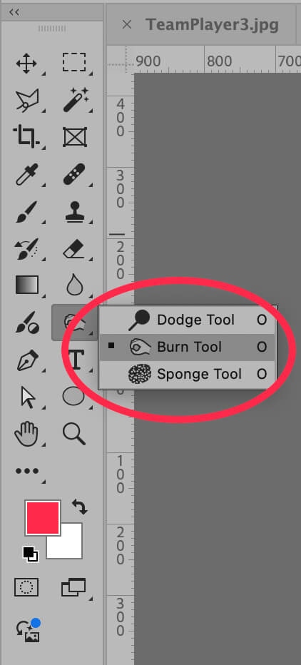 Photoshop toolbar, selecting the Burn Tool