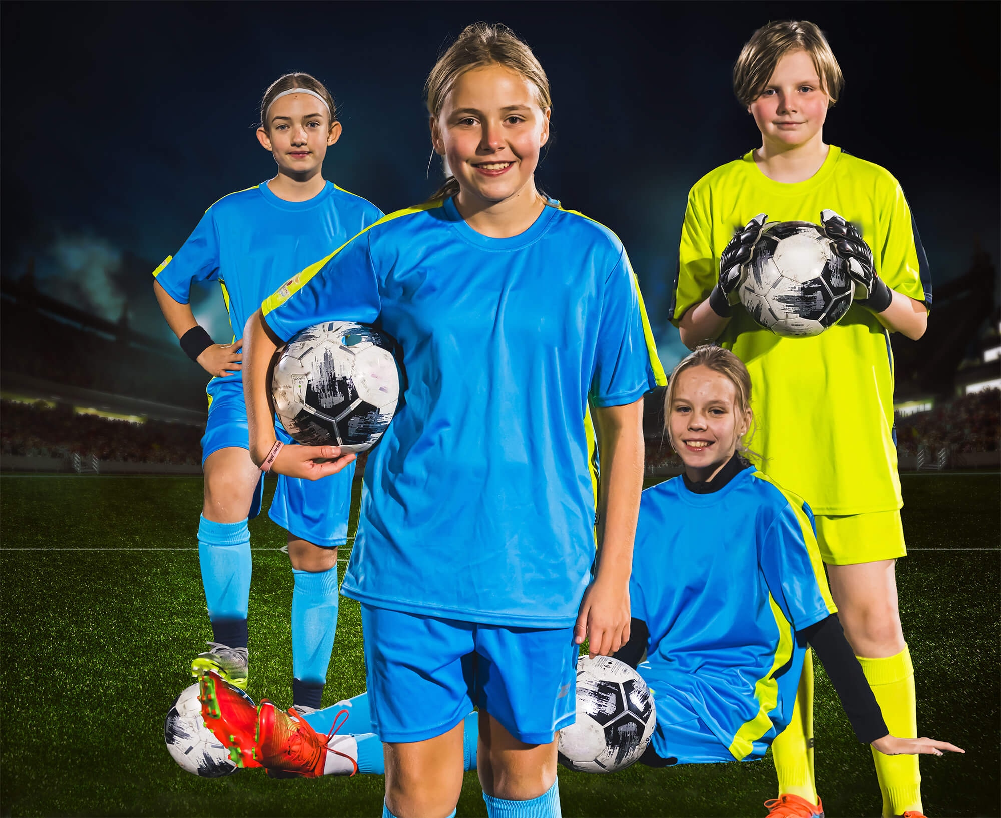 photo of four individual soccer players superimposed onto a background with awkward placement
