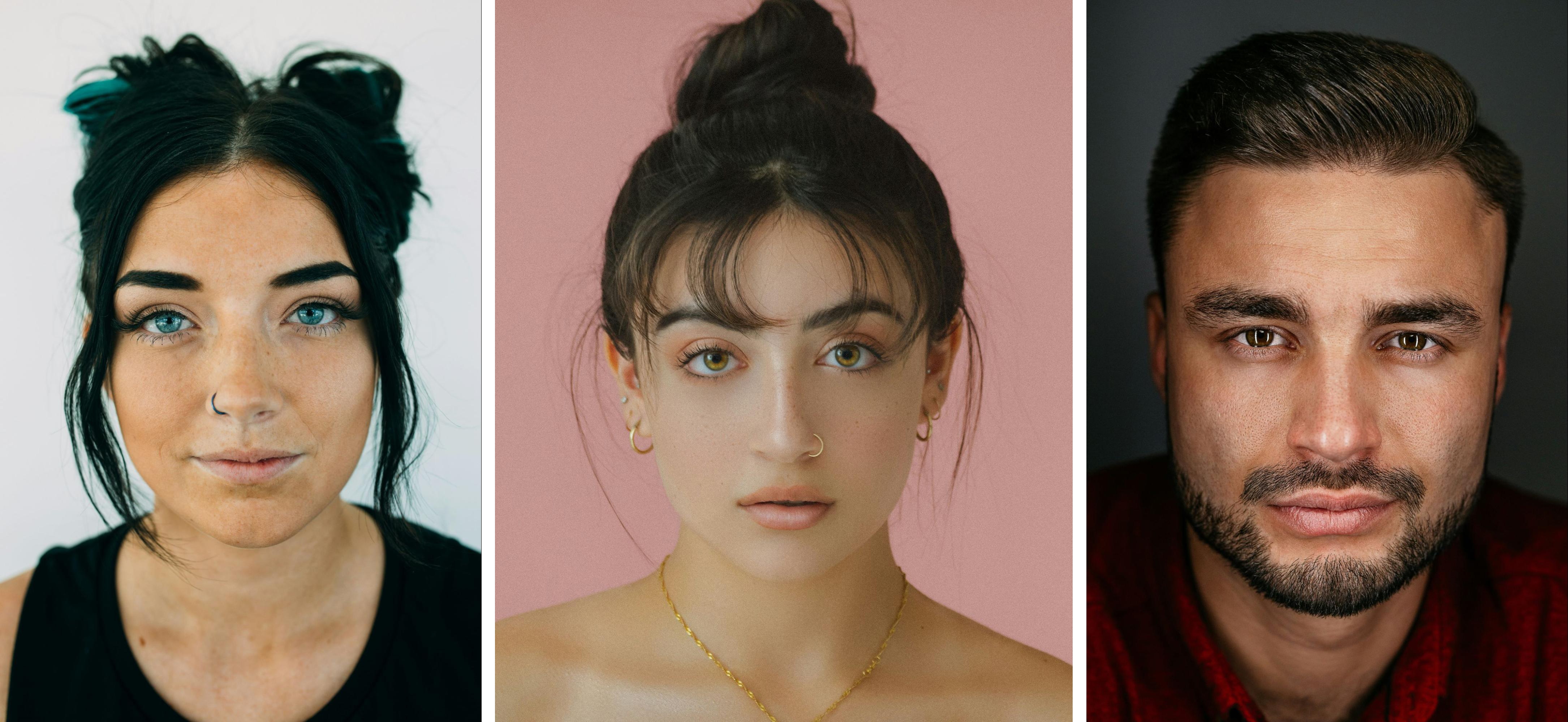Three expressive headshots featuring close-up portraits of two women and one man with strong lighting and sharp focus.