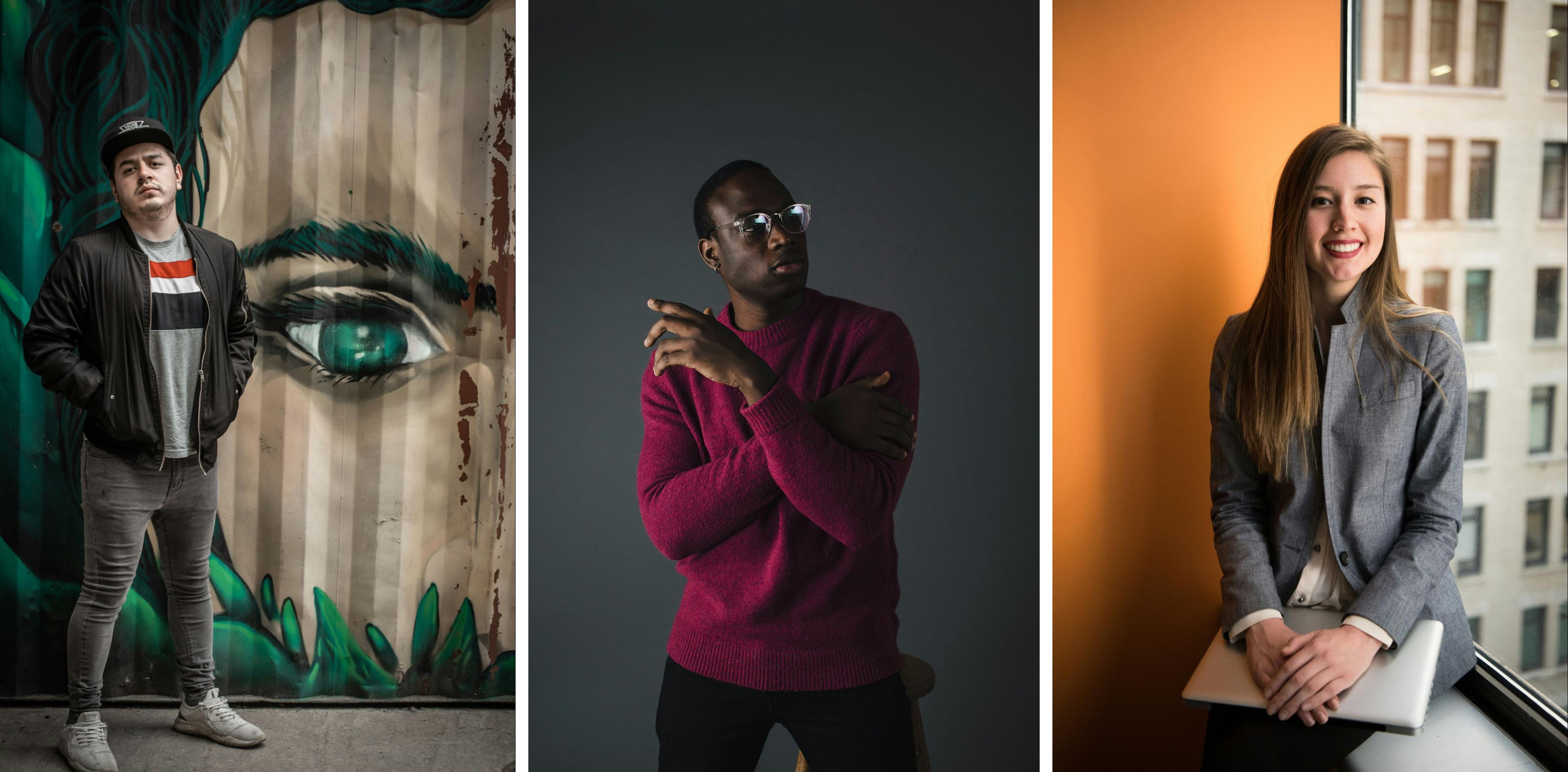 Trio of individual portraits with creative urban backgrounds, including graffiti art, dramatic lighting, and office setting.