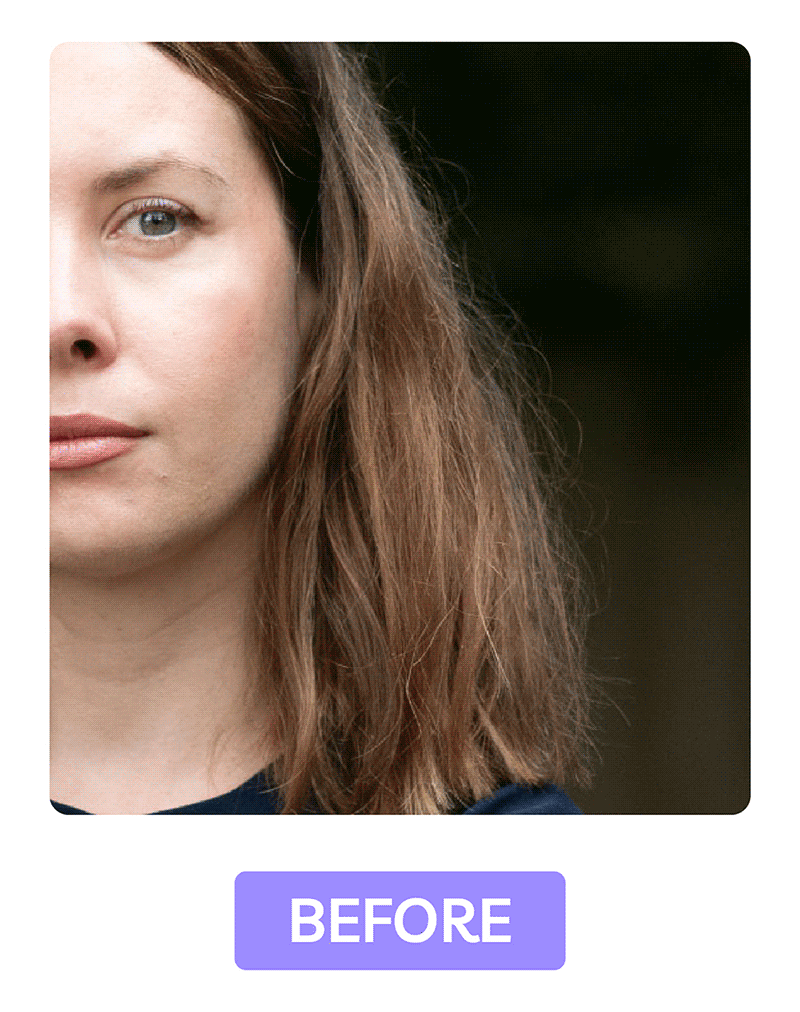 Close-up before and after comparison showing texture and clarity adjustments on a woman's face in portrait editing.
