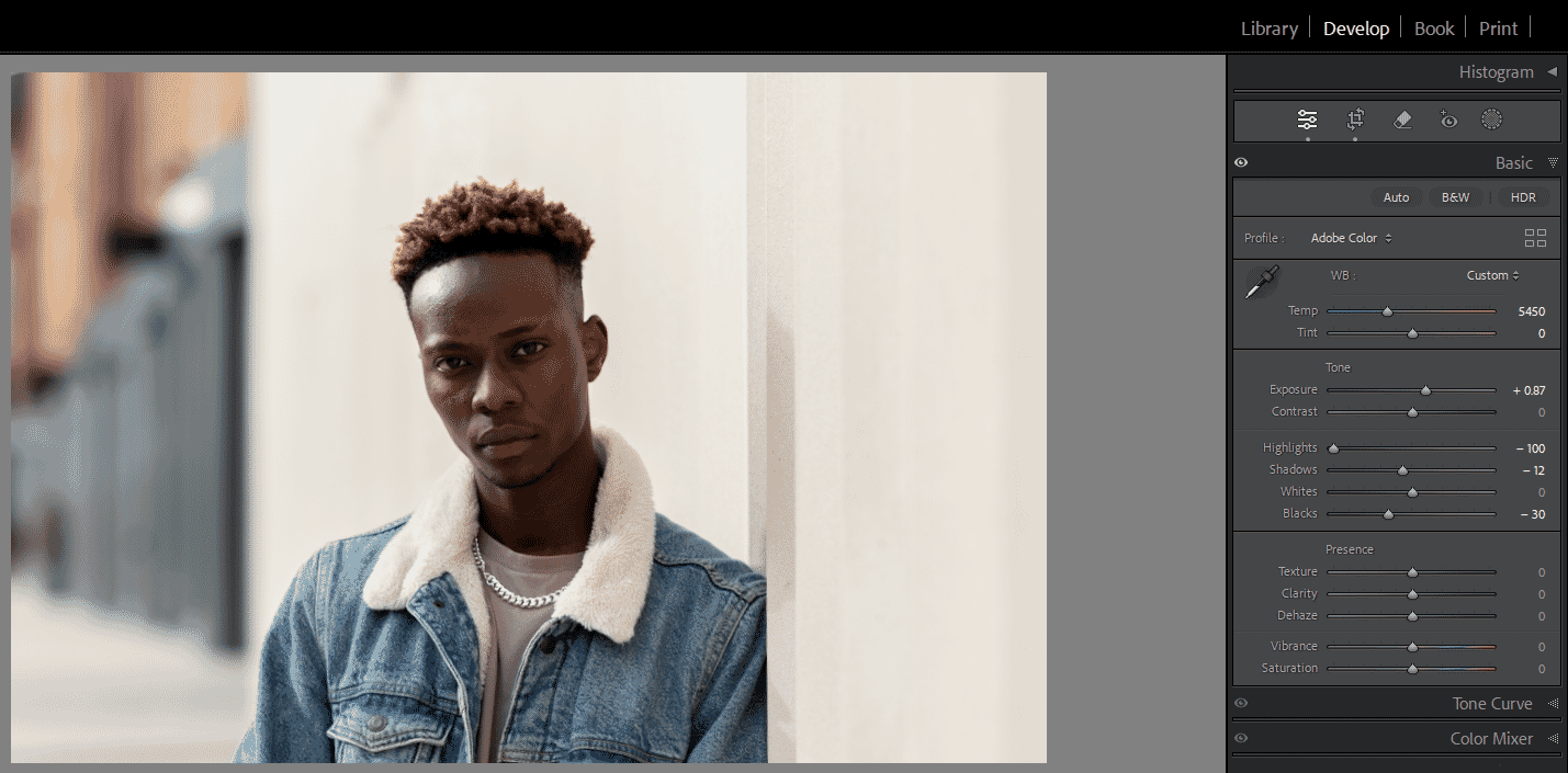 Lightroom editing interface showing basic adjustments on a headshot, including temperature, exposure, highlights, shadows, and blacks.