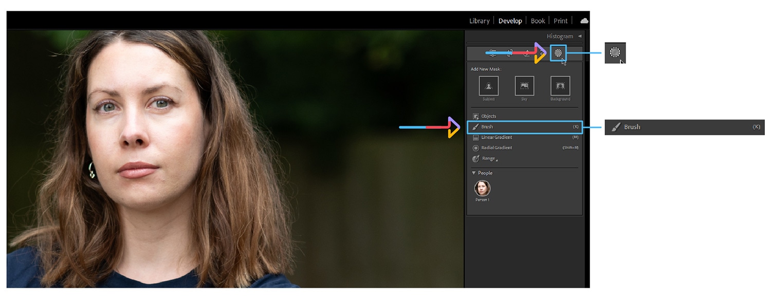 Portrait editing in Lightroom showing the Brush tool selection in the Masking section for localized adjustments.