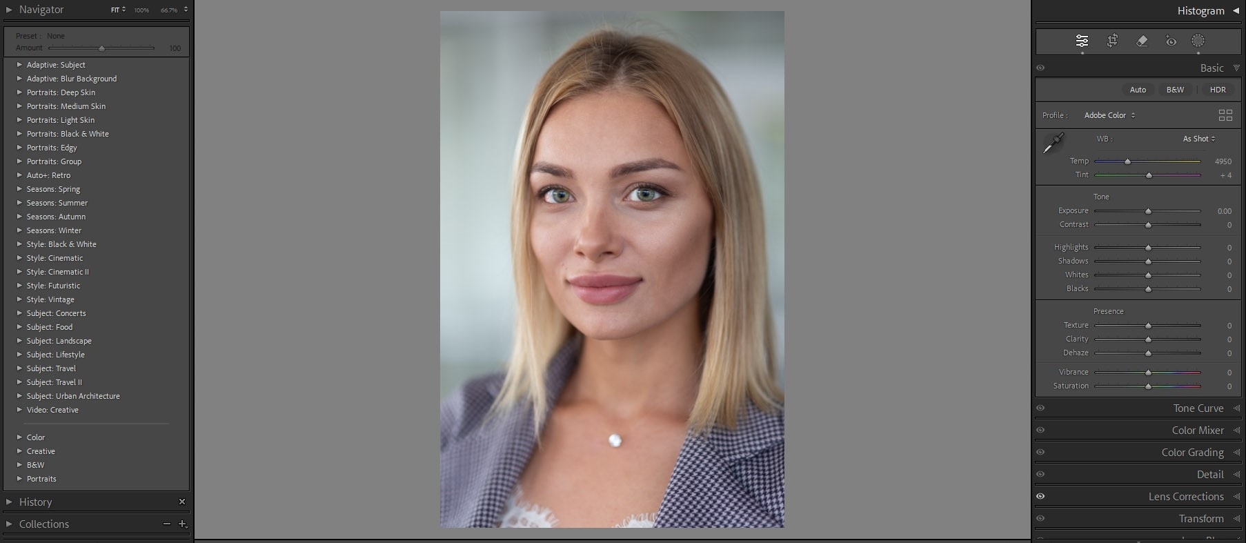Lightroom interface displaying built-in presets for portrait editing on a close-up of a blonde woman’s face.