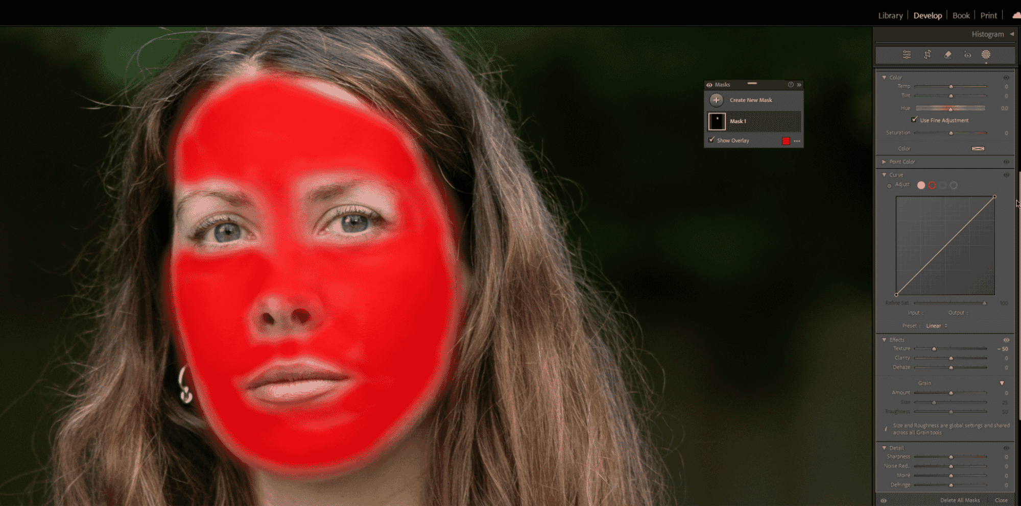Close-up of a woman's face with Lightroom mask overlay, showing Texture and Clarity adjustments in the panel for localized edits.