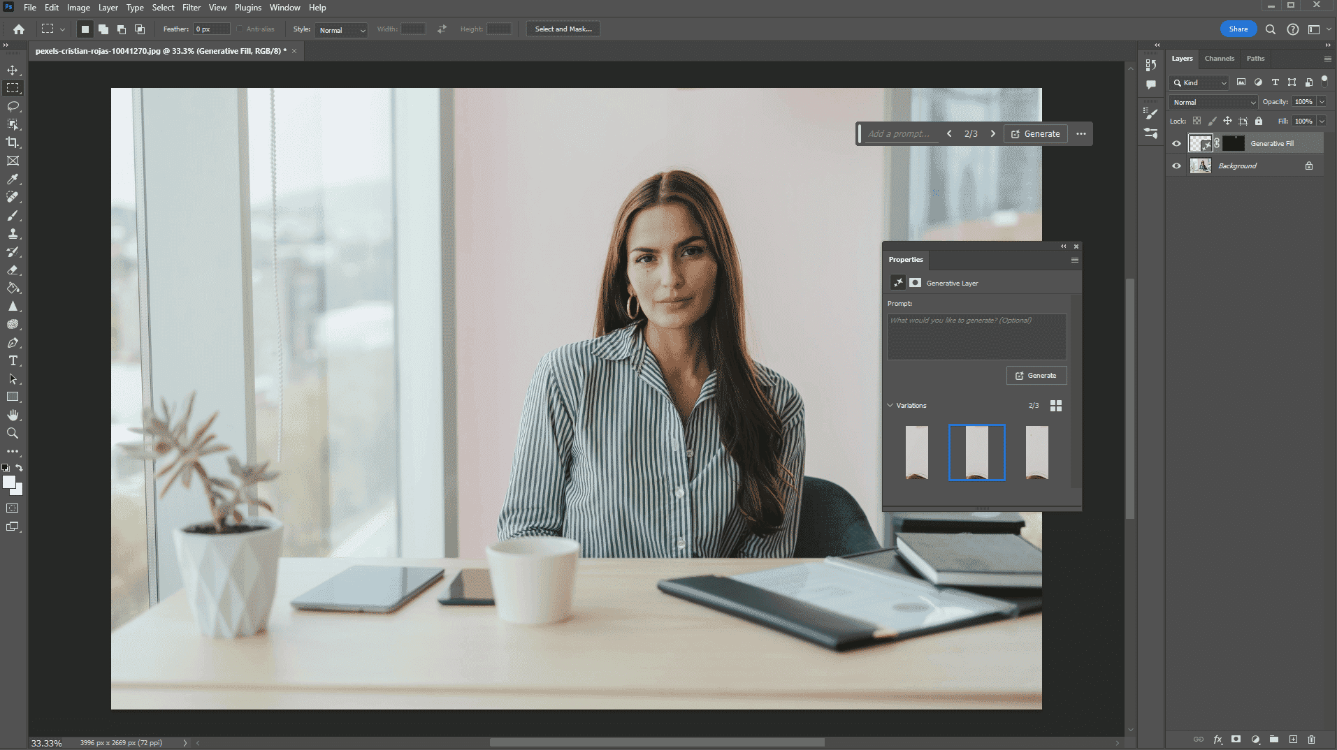 Photoshop interface displaying Generative Fill tool with three background variations for an office photo of a woman at a desk.