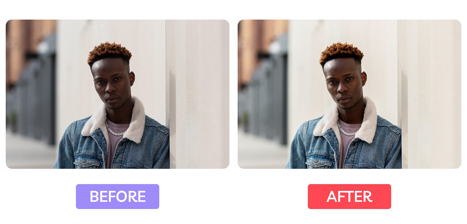 Side-by-side comparison of a portrait before and after basic adjustments, showing enhanced exposure and balanced white tones.