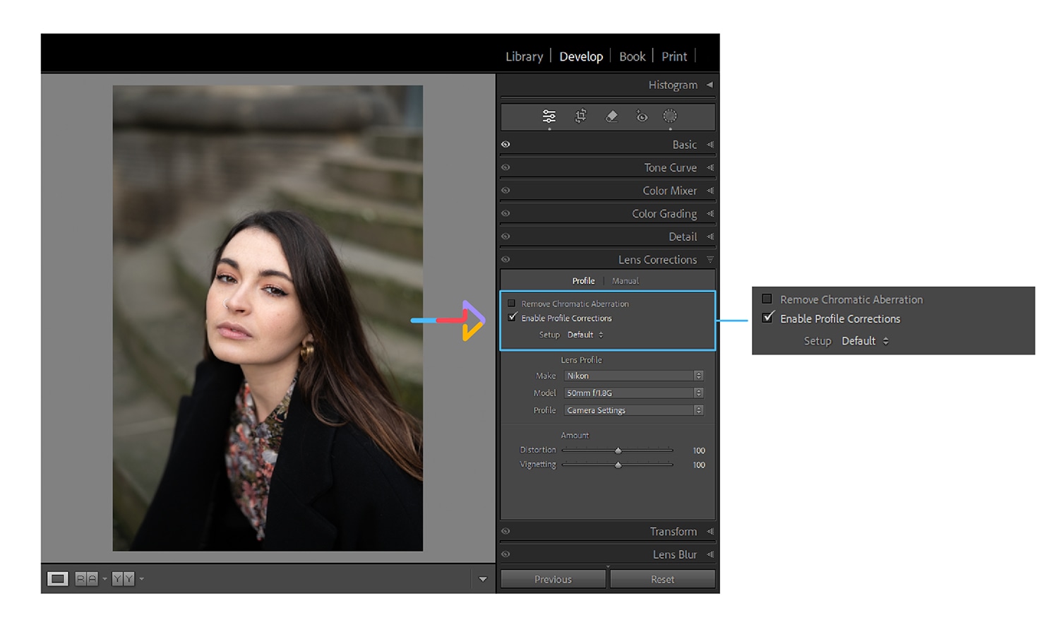 Portrait of a woman with lens correction settings enabled, showing "Remove Chromatic Aberration" and "Enable Profile Corrections" options in editing software.