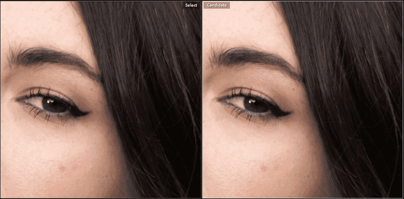 Close-up of an eye showcasing before and after comparison of removing stray hairs using Photoshop’s Spot Healing Brush Tool