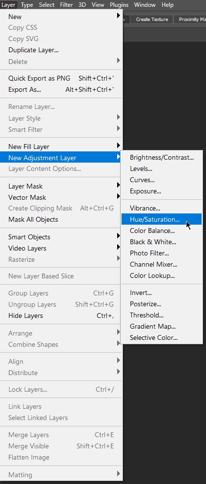 Photoshop menu showing steps to add a new adjustment layer for hue and saturation adjustments