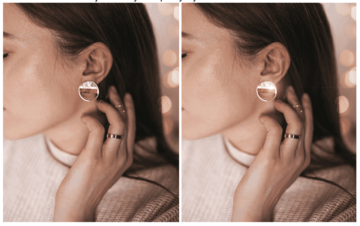 Comparison of jewelry photo with lens flare effect, layer opacity reduced for subtle enhancement