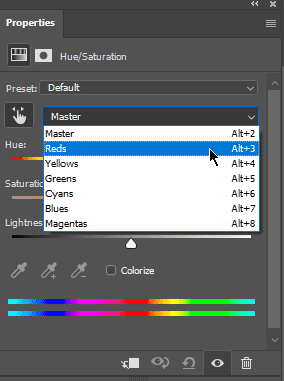 Photoshop hue and saturation properties panel with options to adjust reds and yellows sliders
