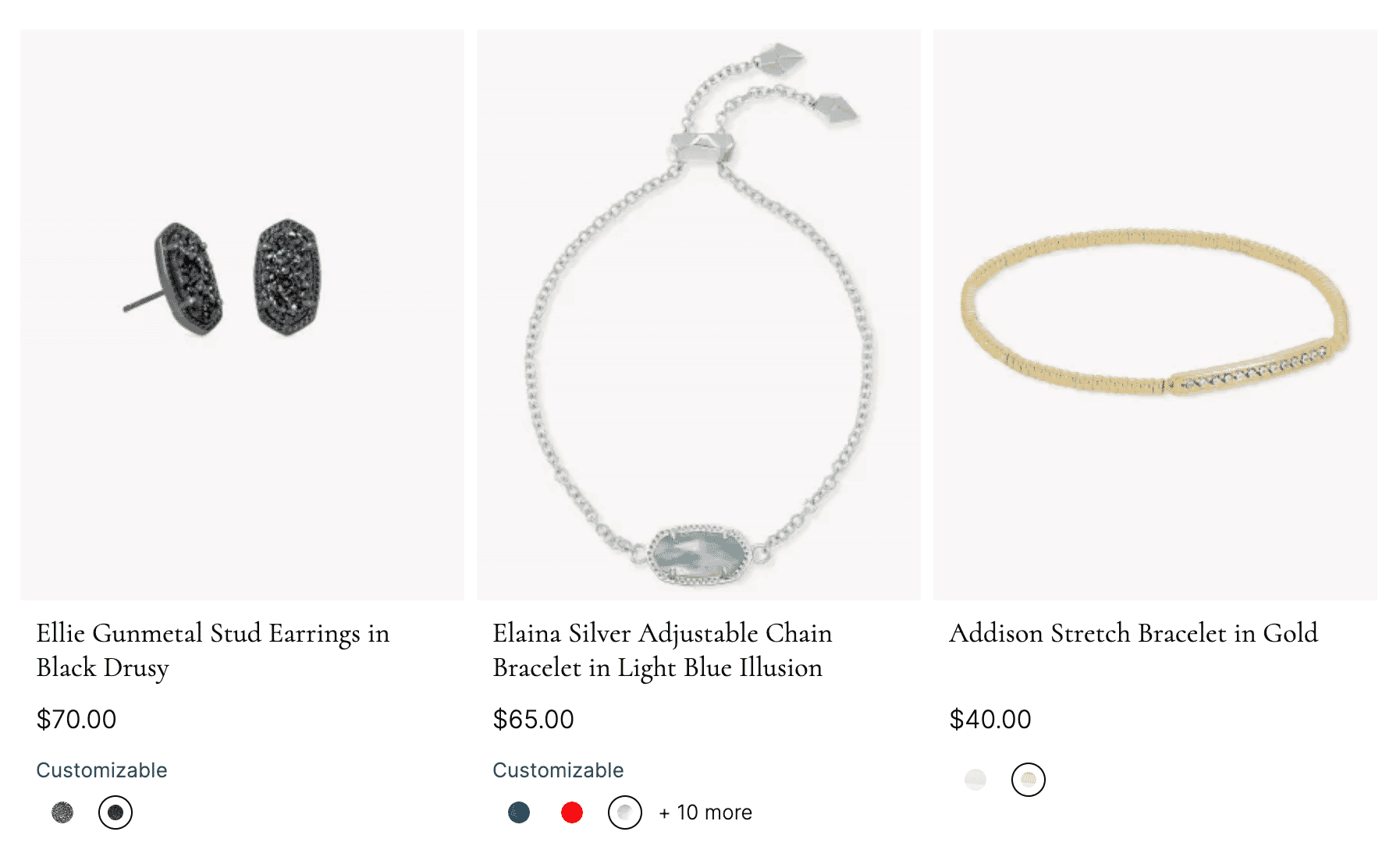 Jewelry product images cropped for clear presentation, including earrings, bracelet, and adjustable chain