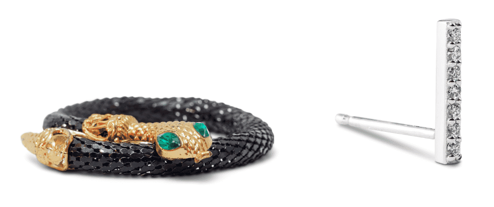 Jewelry products with drop shadow effect, adding depth to rings and bracelets on a flat surface