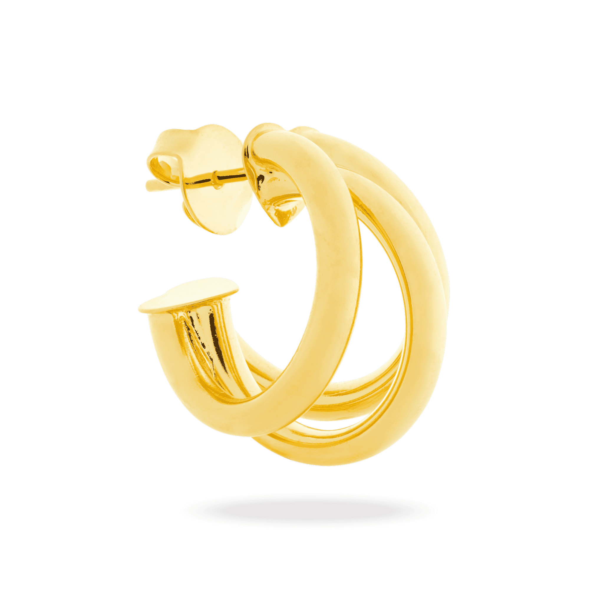 Gold earrings with floating shadow effect, creating a hovering illusion ideal for jewelry photography