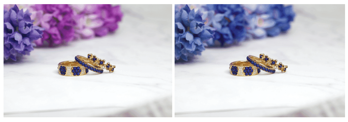 Jewelry rings with background flowers edited from purple to blue to match gemstone color
