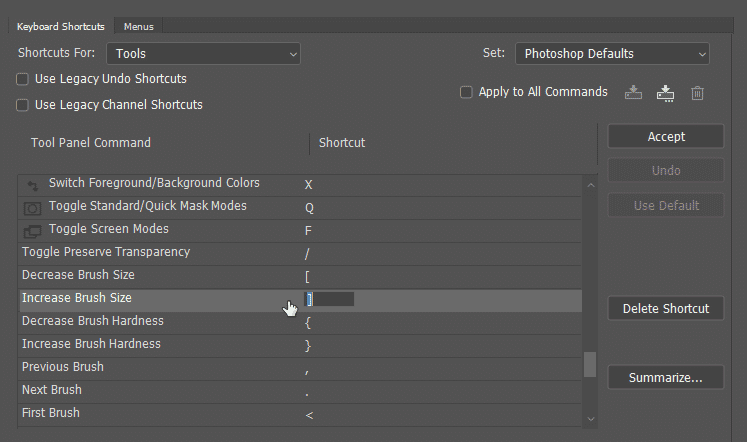 Photoshop settings panel showing shortcuts to increase or decrease brush size