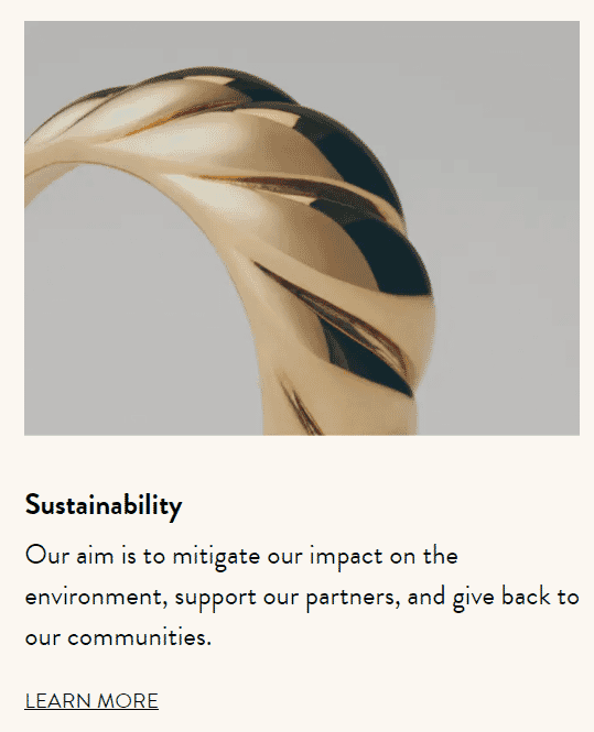Closeup of a Mejuri ring highlighting the brand's sustainability and quality commitment
