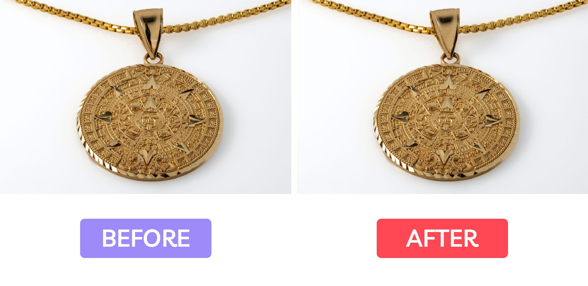 Before and after comparison showing removal of photographer reflection from necklace pendant